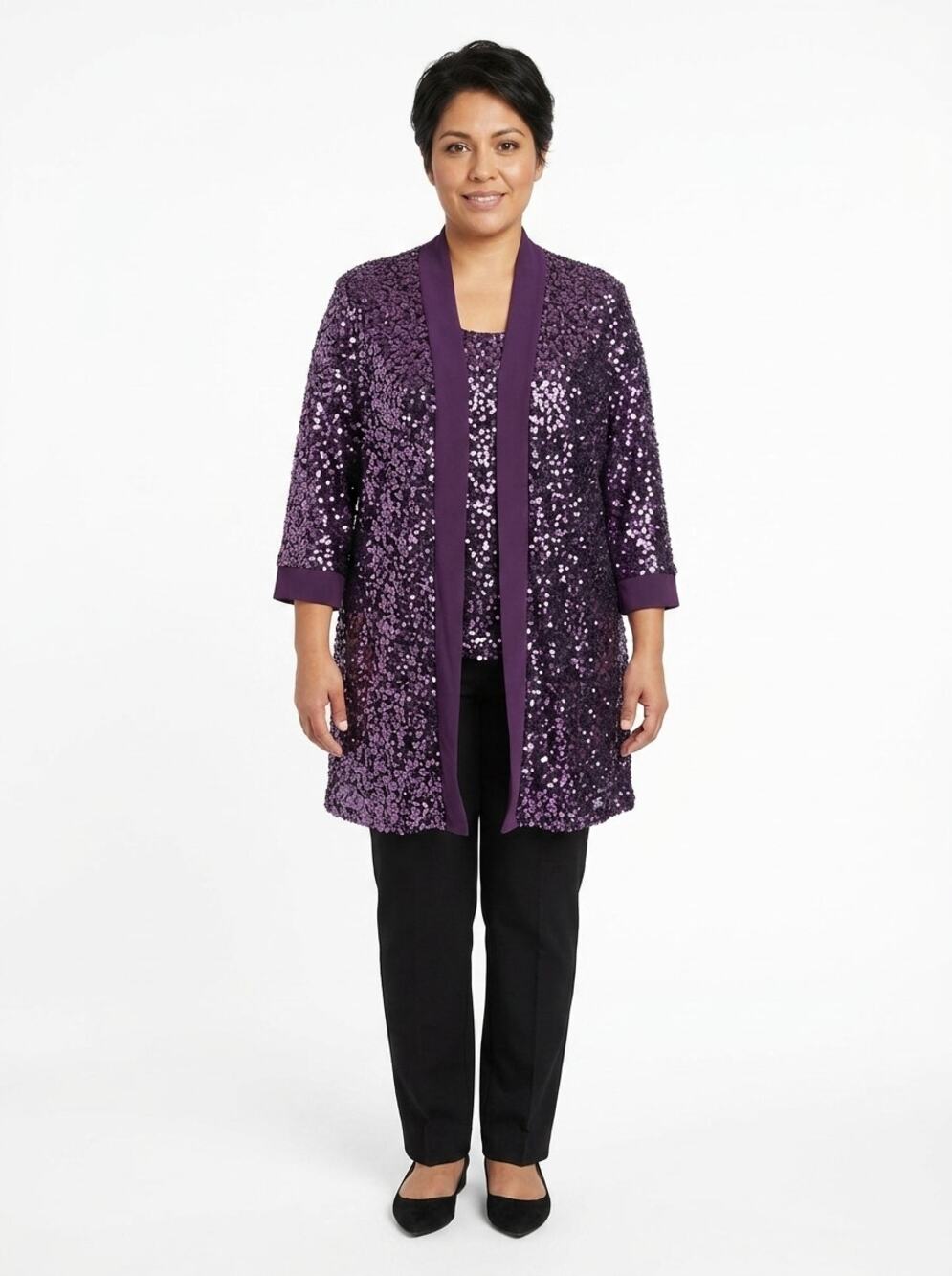 R&M Richards Purple Knit Collared 3/4 Sleeve Sequin Jacket Women Size 16